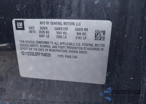 2015 Chevrolet Malibu 1Lt z USA, uszkodzony, nr VIN 1G11C5SL5FF154539